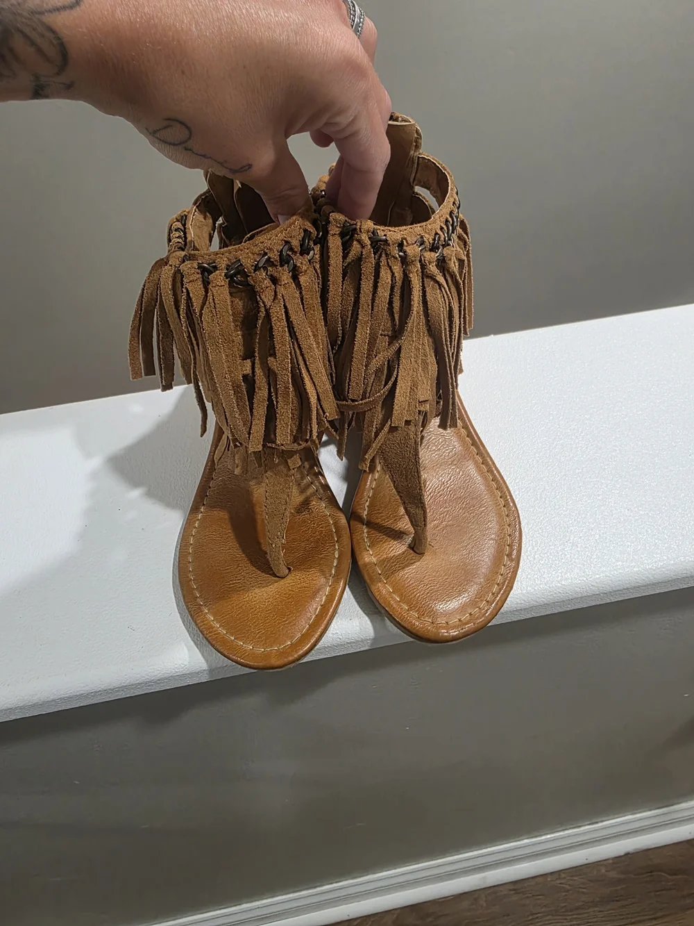 Not Rated Tan Fringe Cork Wedge Sandals